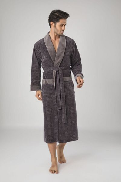 Nuşa Ανδρική ρόμπα ανοιχτό καφέ καρό Jacquard Bambo Cotton