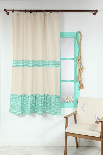 cotton maison Vintage Natural Curtain with Green Cornice 200x185 Cm