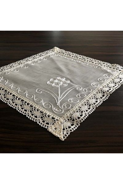 Yavuz Tekstil Dowry Silk Woven Lacy Napkin 100% Silk Handcrafted Cream