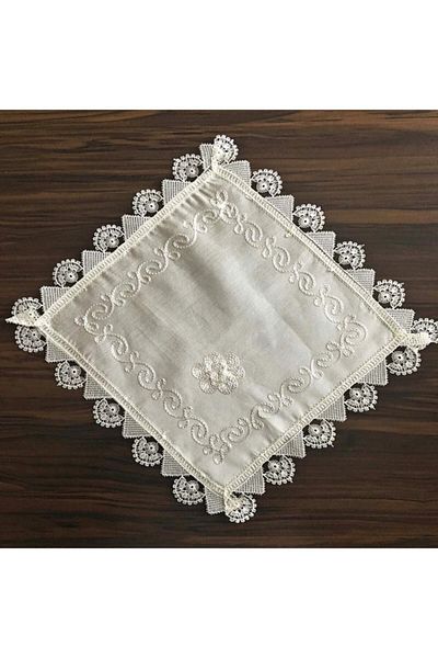 Yavuz Tekstil Dowry Silk Woven Needle Embroidered Napkin 100% Silk Handcrafted Cream