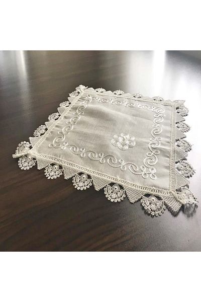 Yavuz Tekstil Dowry Silk Woven Needle Embroidered Napkin 100% Silk Handcrafted Cream