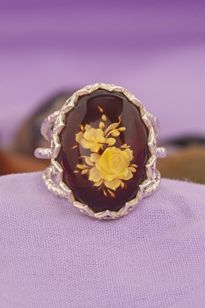 Takıdepo Damla Kehribar Içine Gül Oyma El Işi Gümüş Yüzük