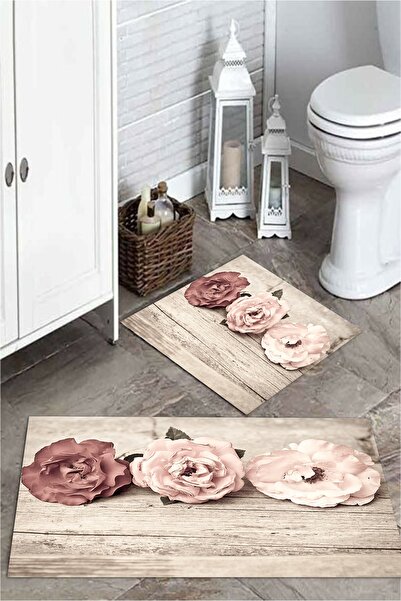 MEKTA HOME طقم سجادة حمام مكون من قطعتين بتصميم وردة وردية Mktpp-2068 60x100/...