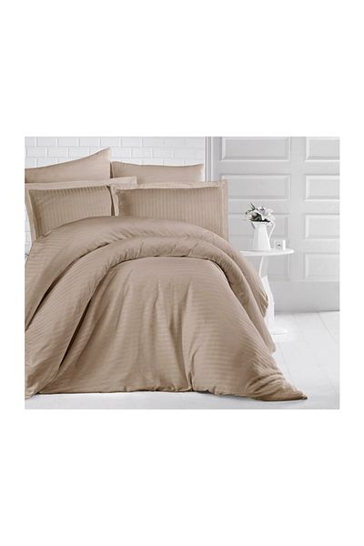 Clasy Striped Satin Light Brown Double Duvet Cover Set
