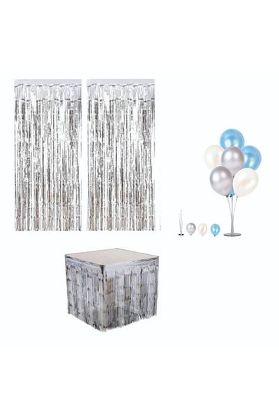 Parti Furyası Tasseled Metalized Gray Table Skirt+wall Door Curtain+balloon Stand