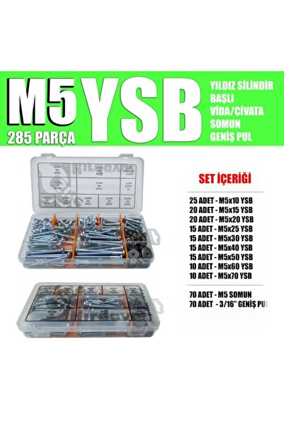 Genel Markalar 285 Parça M5 Yıldız Silindir Başlı Vida Civata Somun Ve Pul Seti
