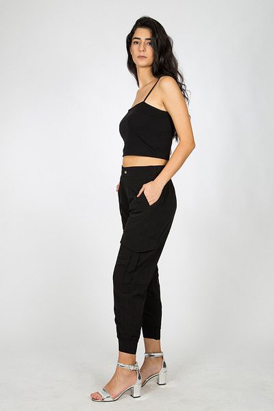 Berm Women's Black Elastic Waist Jogger Cargo Pocket Trousers