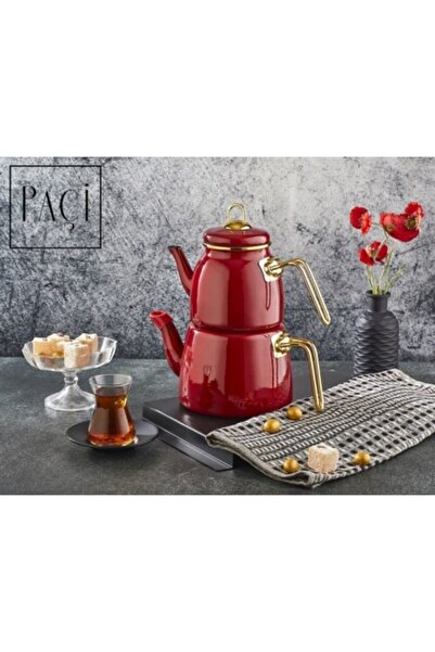 Paçi Emaye Çaydanlık Seti Elite Class Kırmızı Lüks Takımı