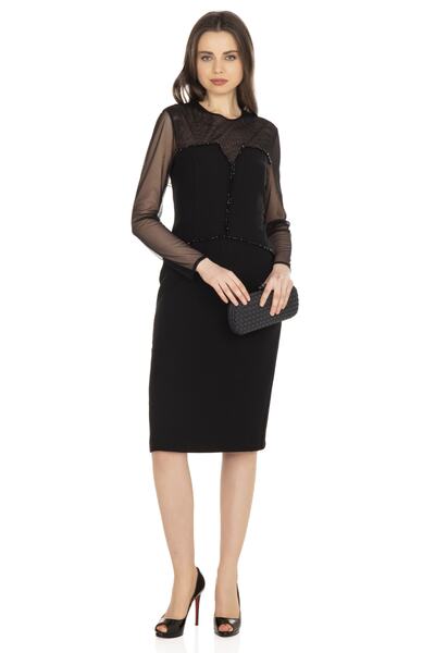 NELİDA Kadın Siyah Tül ve Boncuklu Elbise