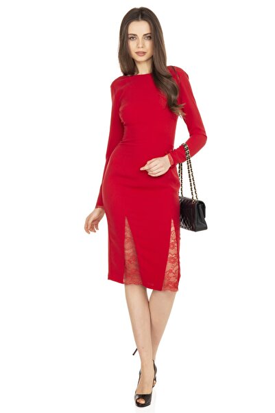 NELİDA Kadın Kırmızı Fransız Dantel Detaylı Elbise