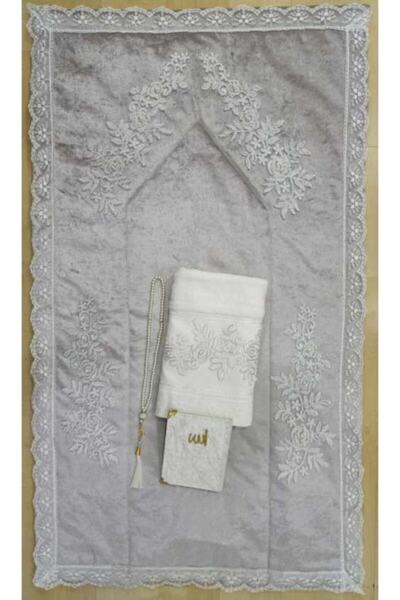 Lamazihome Gri Kadife Seccade Seti 4 Parça Havlu Tesbih Cüz Gelin Bohça Secca...