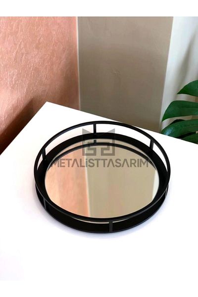 Metalist Tasarım Sefa Decorative Mirrored Tray Round Matte Black Color 28cm Black
