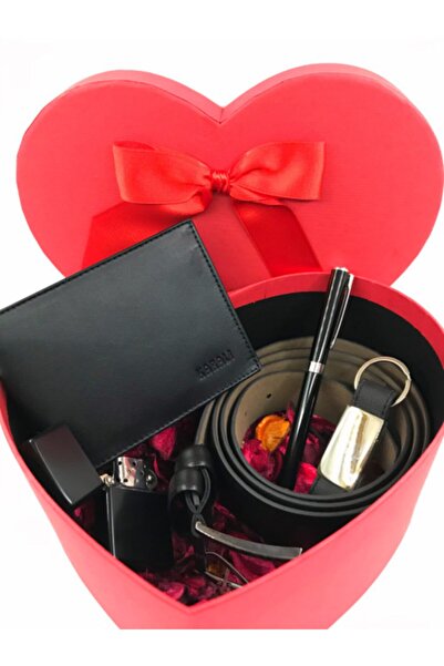 Karalı Deri Erkek Cüzdan Kemer Anahtarlık Kalem Çakmak Set