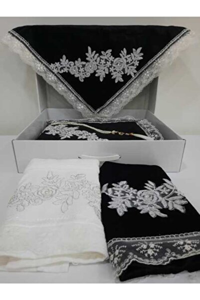 Lamazihome 5 Parça Siyah Seccade Seti Bohça Çeyiz Nişan Gelin Seccade Takımı