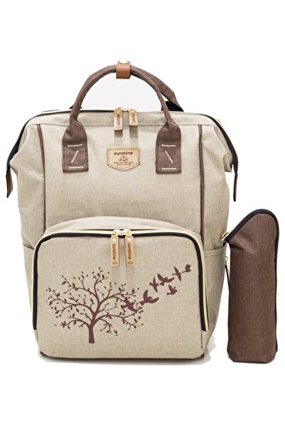 SUNSHINE Bej Ağaç Desenli Anne Bebek Bakım Sırt Çantası ve Askı Aparatı ve Termal Biberonluk