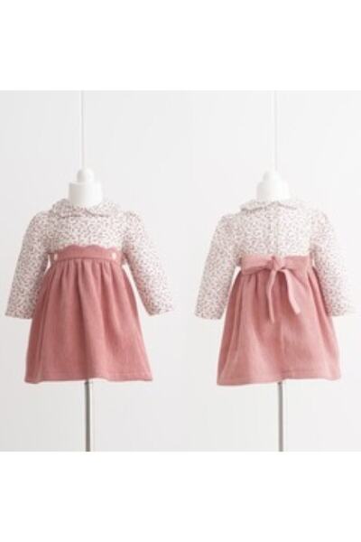 Mymio Kız Bebek Pembe Fitilli Kadife Elbise