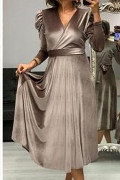 MACFLY Belted Midi Length Double Breasted Collar Velvet Dress