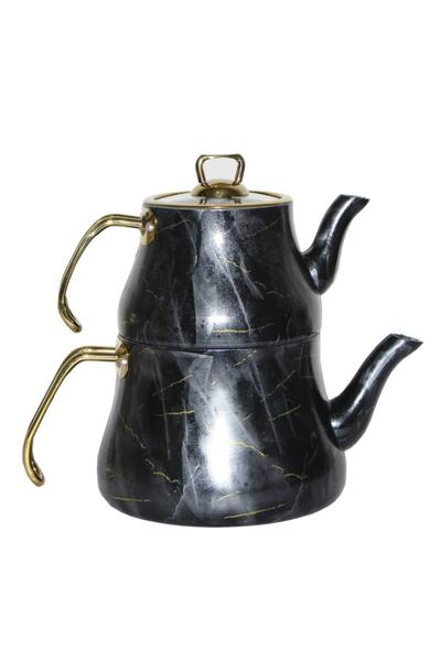 Brioni Marble Çaydanlık Siyah Mermer Desenli Cam Kapaklı 4 Parça