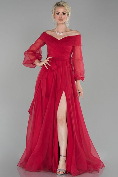 Abiyefon Women's Red Leg Low-cut Balloon Sleeve Evening Dress Abu1468
