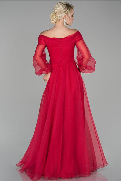 Abiyefon Women's Red Leg Low-cut Balloon Sleeve Evening Dress Abu1468