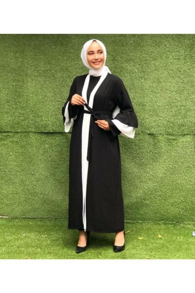 ZEHRA ÇAMRAN Fırfırlı Siyah Beyaz Abaya