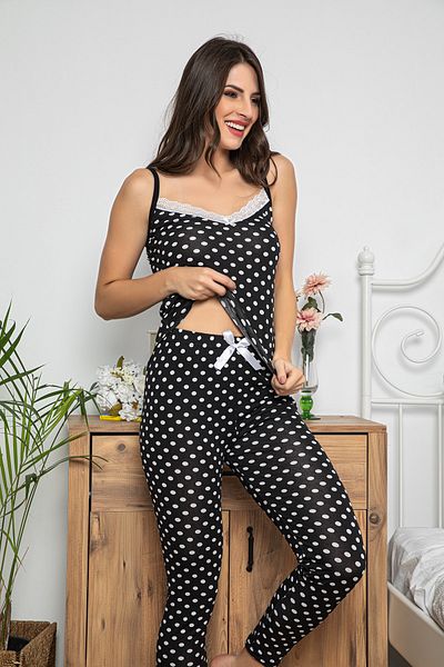 MyBen Women's Black Colored Polka Dot Lace Detailed Pajama Set with Shorts and Tights Set of 3 75004