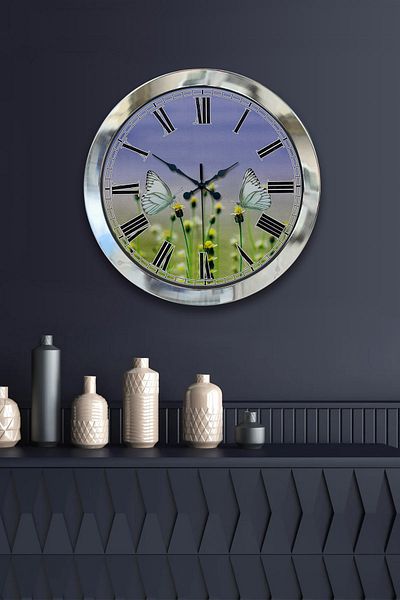 Kasva Concept Gift 36 cm Chrome Metal Butterfly Wall Clock