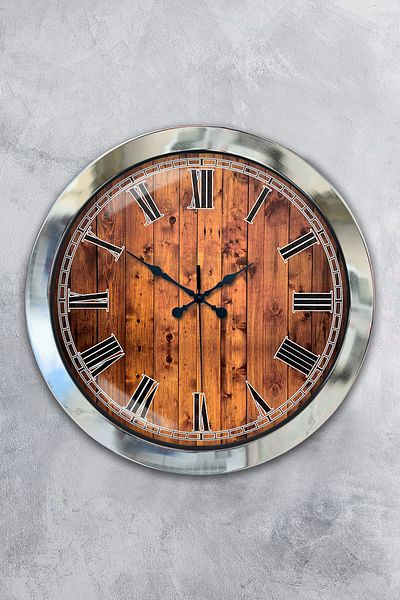 Kasva Concept Gift 36 cm Chrome Metal Wooden Look Wall Clock