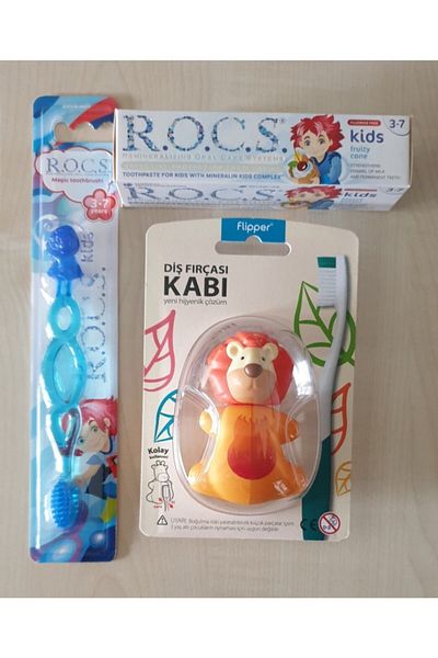 R.O.C.S. 3-7 Years Old Toothbrush, Flipper Hygienic Storage Container and 3-7 Years Old Fruit Cone Toothpaste Set