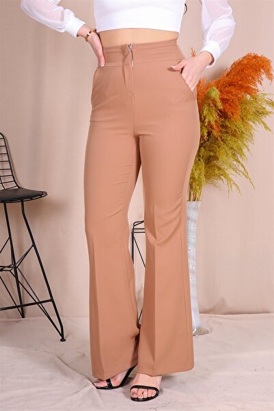 Neşeli Butik بنطلون نسائي من القماش ذو الخصر العالي والجيب Qns005