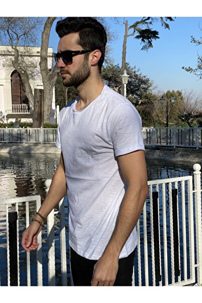 Beylinx Giyim Beyaz Ince Süper Yazlık Erkek Flamlı Slim Fit Kesim T-shirt