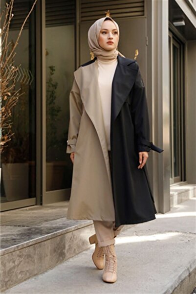 Moda Pery Kadın Modest Su Geçirmez Çift Renkli Tesettür Basic Mevsimlik Trençkot 10016 Krem Siyah