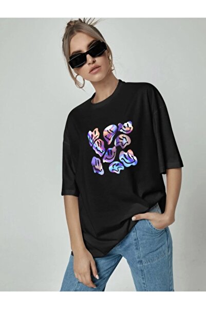 ALİKA Γυναικείο μπλουζάκι με στάμπα Smiley σε μαύρο και γκρι