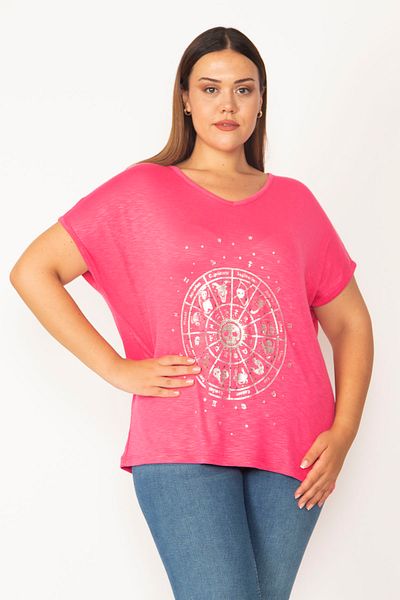 Şans Women's Large Size Fuchsia Lacquer Printed V-Neck Low Sleeve Blouse 65n27480