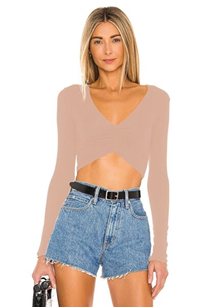 By Kul Design Μπεζ Crop Top - V-λαιμόκοψη, Μεταξωτό Τζέρσεϊ, Γυναικείο