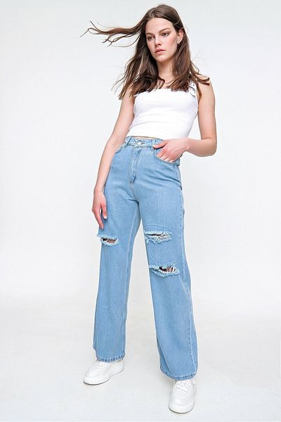 Trn JNS Blue Lycra cu talie super înaltă denim ruptă blugi largi Pantaloni Palazzo