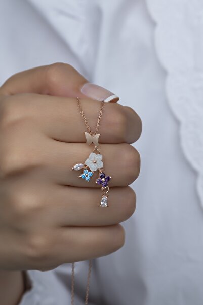 Nereze 925 Ayar Gümüş Kelebek Ve Yonca Bahar Çiçeği Manolya Kolye