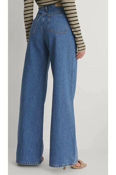 Trn JNS Pantaloni palazzo largi din denim cu talie super înaltă din Lycra albastru închis anilor 90