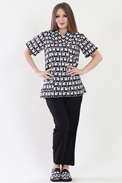ModaCanel V-Neck Nurse Doctor Black Cat Patterned Jersey Suit Medical Suit