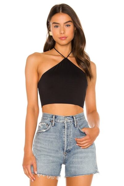 By Kul Design Top crop din jerseu de mătase, negru, cu gât, pentru femei
