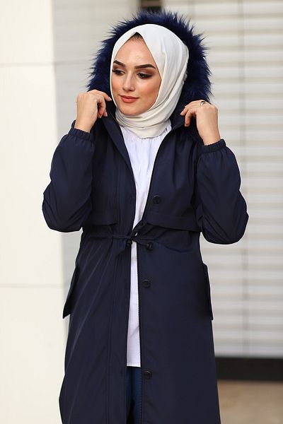 InStyle Női sötétkék hosszú kabát 2204-es hátsó zsebfedővel