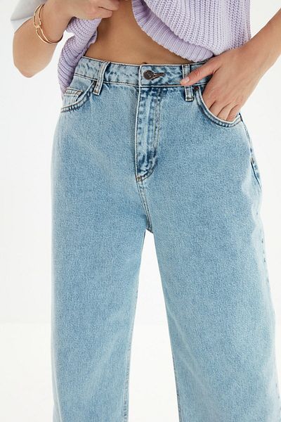 Trn JNS Blue Lycra cu talie super înaltă, blugi largi, pantaloni Palazzo