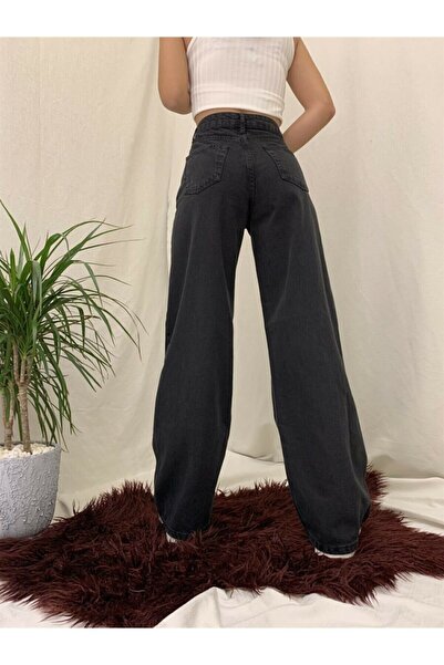 Trn JNS Siyah Likralı Süper Yüksek Bel Kot Salaş Paça Jeans Palazzo Pantolon