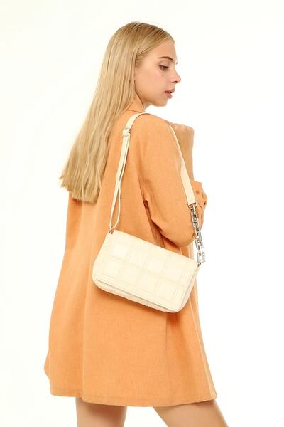Güce Women's Cream Color Square Embroidered Chain Strap Hand and Shoulder Bag