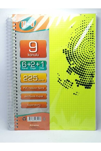Zersan U4 6+2+1 Bölümlü 225 Yaprak A4 Sipralli Ayraçlı Defter 6 Kareli 2 Çizg...