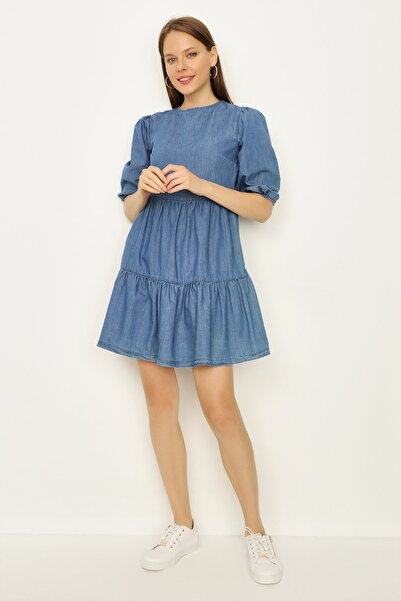 Select Moda Kadın Mavi Balon Kollu Blok Detaylı Denim Elbise
