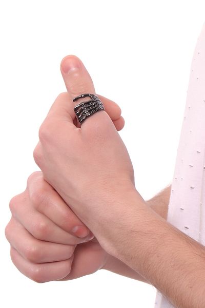LABALABA Men's Metallic Anthracite Lacquer Plated Adjustable Skeleton Hand Ring