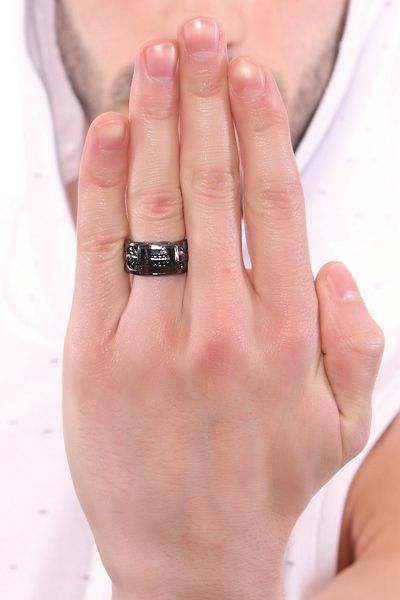 LABALABA Men's Gray Anthracite Metallic Lacquer Plated Adjustable Plate Detailed Braided Ring