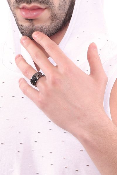 LABALABA Men's Gray Anthracite Metallic Lacquer Plated Adjustable Plate Detailed Braided Ring