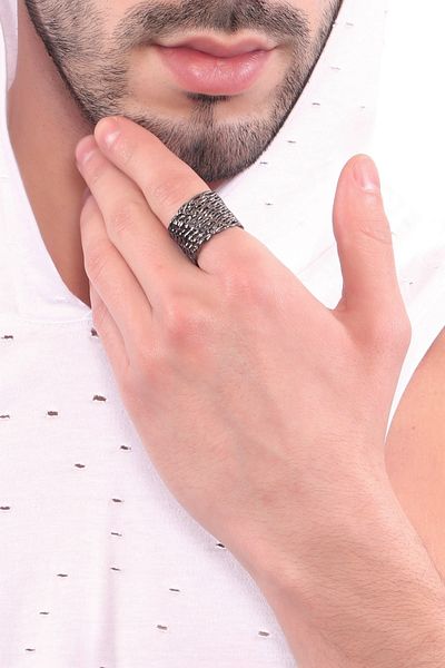 LABALABA Men's Metallic Anthracite Lacquer Plated Adjustable Weave Textured Ring